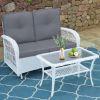 2 Piece White PE Wicker Glider Loveseat Bench with Grey Cushion and Coffee Table