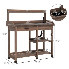 Potting Bench Table, Outdoor Garden Table Wooden Work Station With Removable Sink, Faucet, Drawer, Shelves, Hooks, Dark Brown (Option: Dark Brown)