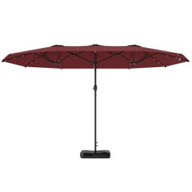 Garden Parasol 14.4ft Double-Sided Sun Umbrella With Base, Patio Parasol With LED Solar Lights, Wine Red (Option: Wine red)