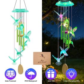 Solar Wind Chime with Aluminum Tubes 7 Color Changing Wind Chime for Outside IP44 Waterproof Outdoor Garden Yard Decor Spring Summer (Color: Green Hummingbird)