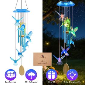 Solar Wind Chime with Aluminum Tubes 7 Color Changing Wind Chime for Outside IP44 Waterproof Outdoor Garden Yard Decor Spring Summer (Color: Blue Hummingbird)