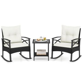 3 Pieces Outdoor Rattan Rocking Chairs Set with  2-Tier Side Table for Garden Backyard (Color: White)