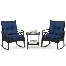 3 Pieces Outdoor Rattan Rocking Chairs Set with  2-Tier Side Table for Garden Backyard (Color: Navy)