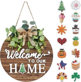 Interchangeable Seasonal Welcome Sign Front Door Decoration, Rustic Round Wood Wreaths Wall Hanging Outdoor, Farmhouse, Porch (Color: 01blown)