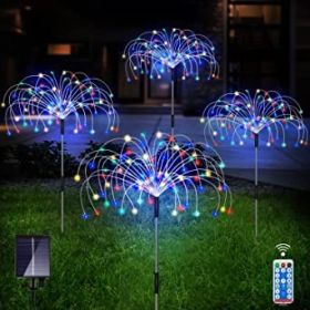Outdoor Solar Garden Lights;  4 Pack 120 LED Copper Wire Waterproof Solar Garden Fireworks Lamp with Remote;  8 Modes Decorative Sparkles Stake L (Color: Colorful)
